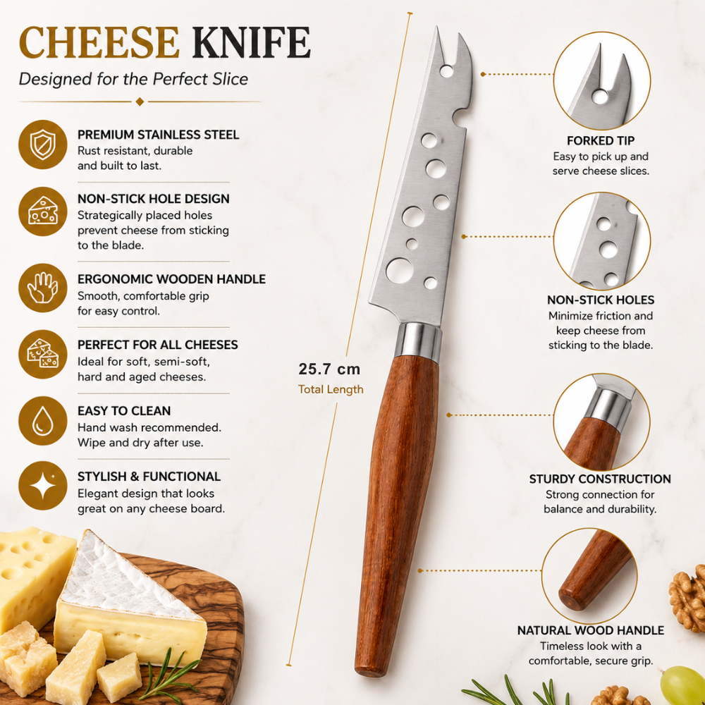 Stainless Steel Cheese Knife – 25.7 cm Wooden Handle Cheese Cutter & Serving Knife