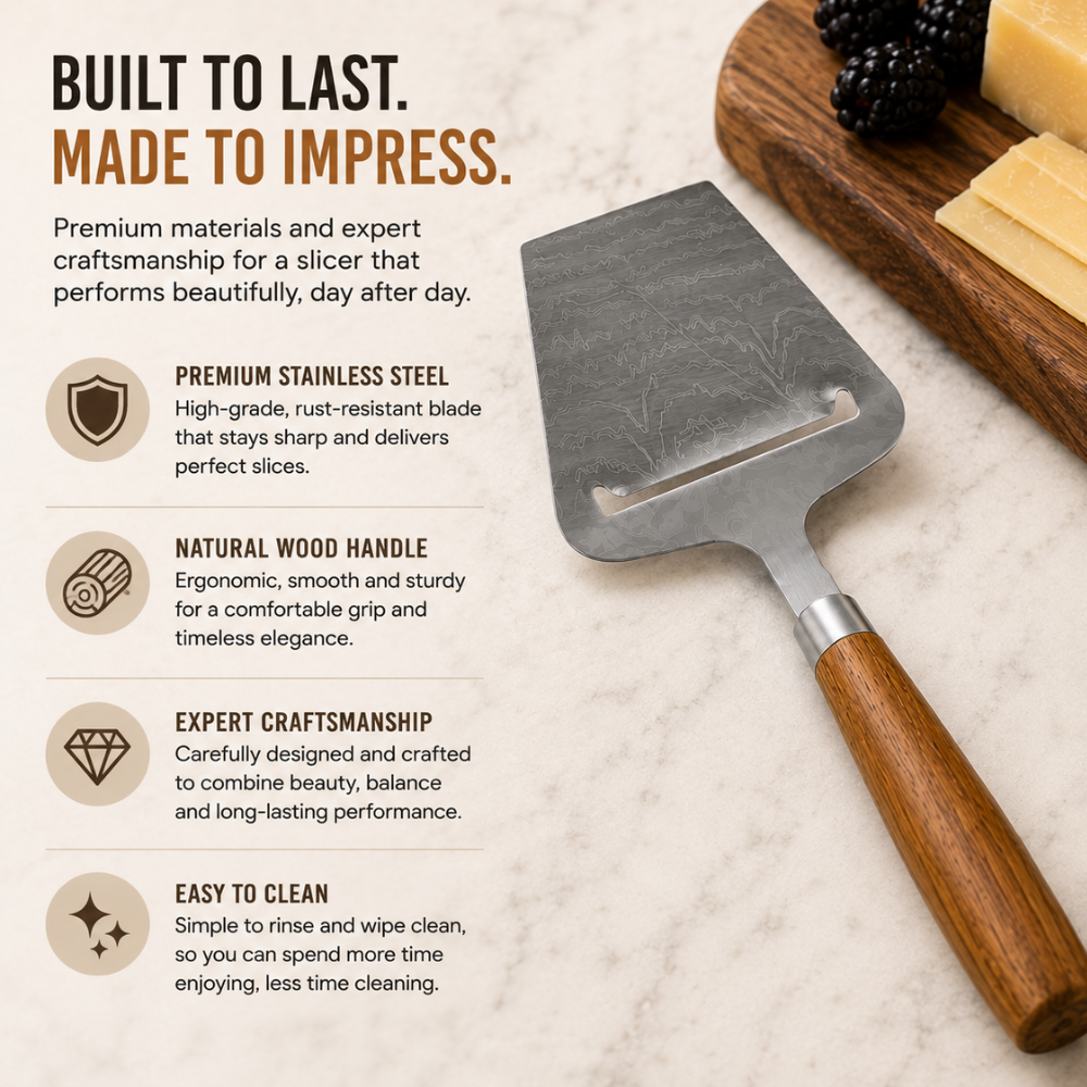 Stainless Steel Cheese Slicer with Wooden Handle – 22 cm Cheese Cutter & Serving Tool
