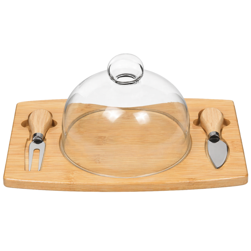 Bamboo Cheese Board with Round Glass Dome & Serving Tools Set - 28 cm