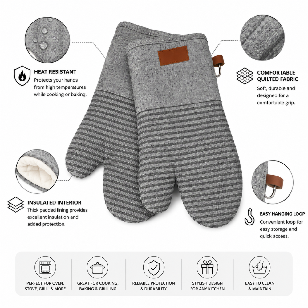 Heat Resistant Oven Gloves – Quilted Kitchen Cooking Mitts (Pair)