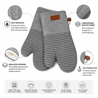 Heat Resistant Oven Gloves – Quilted Kitchen Cooking Mitts (Pair)