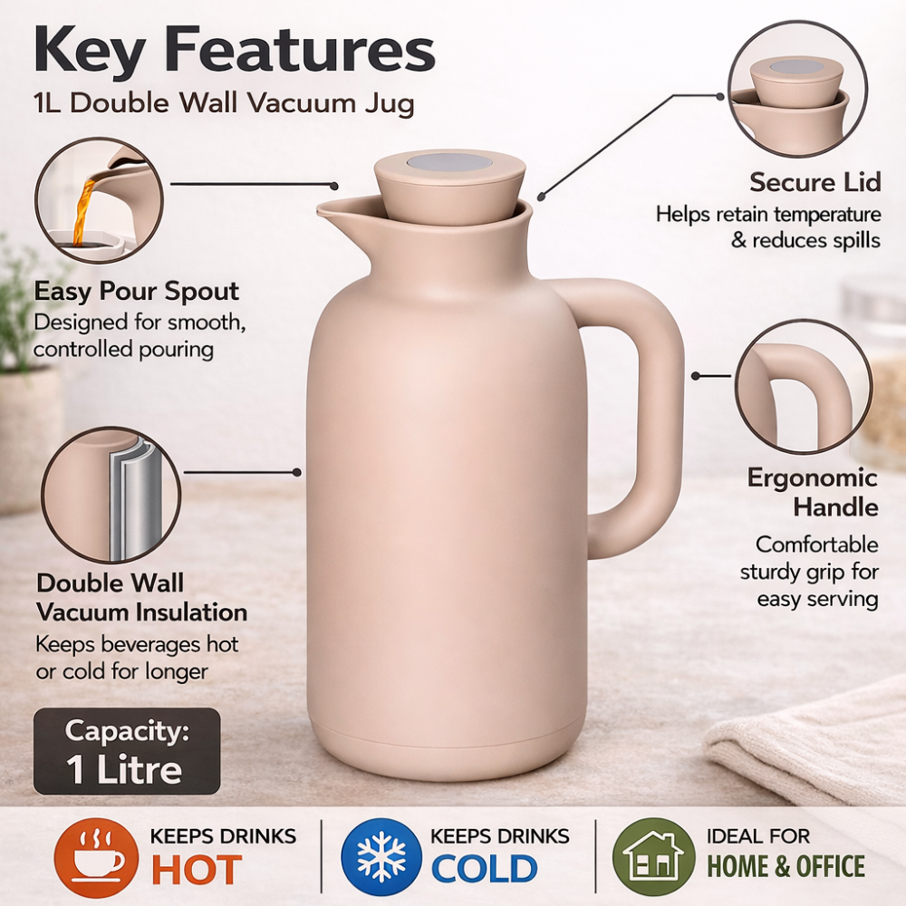 1L Matte Beige Double Wall Vacuum Jug - Thermal Insulated Beverage Flask (Matte Beige)