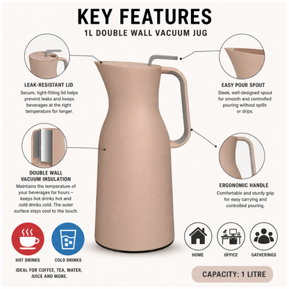 1L Matte Pink Double Wall Vacuum Jug - Thermal Insulated Water & Beverage Flask
