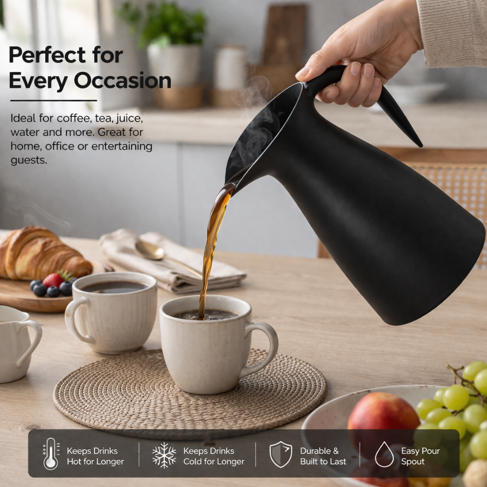 1L Double Wall Vacuum Jug - Thermal Insulated Coffee and Tea Flask