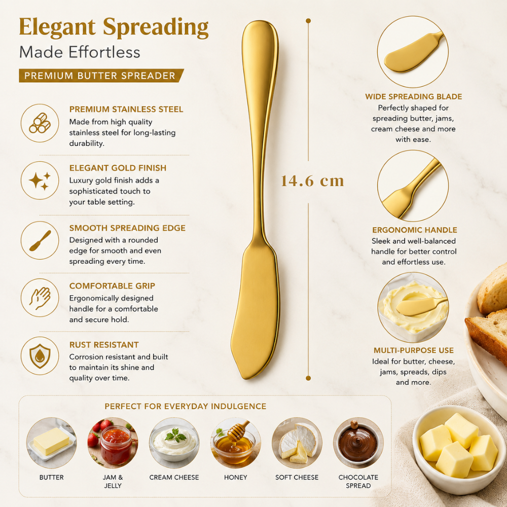 Luxury Gold Butter Knife – 14.6 cm Stainless Steel Spreader Knife