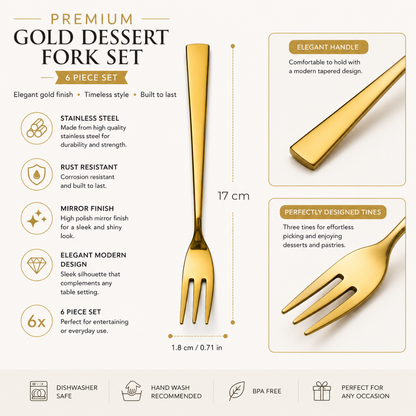 Luxury Gold Dessert Fork Set – 6 Piece Stainless Steel Cake & Pastry Fork Set