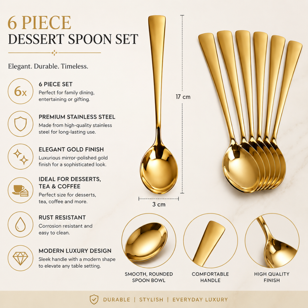 Gold Stainless Steel Dessert Spoon Set – 17 cm 6 Piece Luxury Tea & Dessert Spoon
