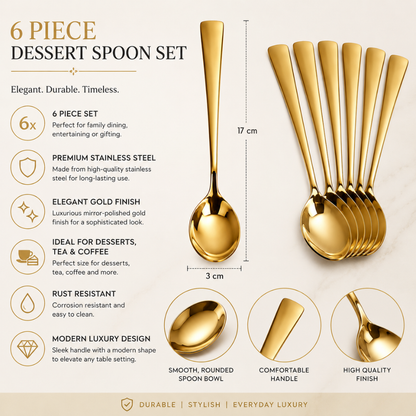 Gold Stainless Steel Dessert Spoon Set – 17 cm 6 Piece Luxury Tea & Dessert Spoon