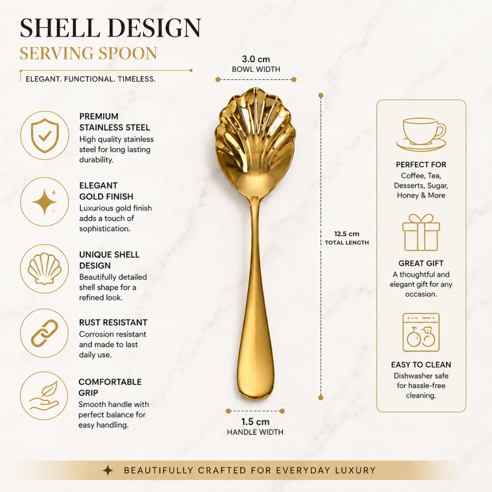 Luxury Gold Shell Dessert Spoon –  13 cm Stainless Steel Tea & Dessert Spoon