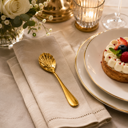 Luxury Gold Shell Dessert Spoon –  13 cm Stainless Steel Tea & Dessert Spoon