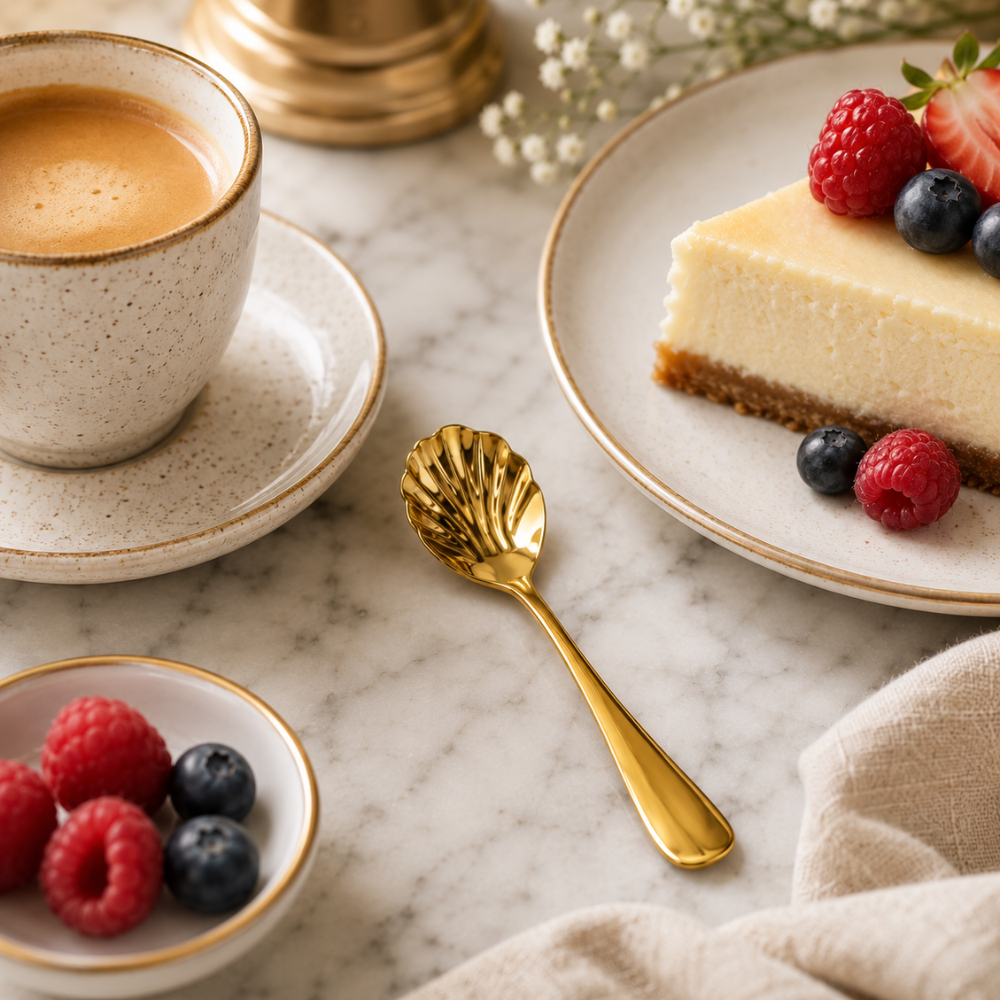 Luxury Gold Shell Dessert Spoon –  13 cm Stainless Steel Tea & Dessert Spoon
