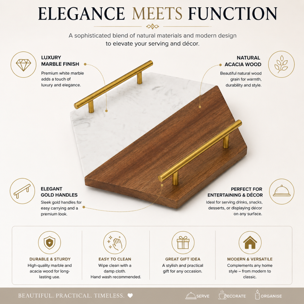 Marble & Acacia Wood Serving Tray with Gold Handles – Luxury Decorative Serving Board
