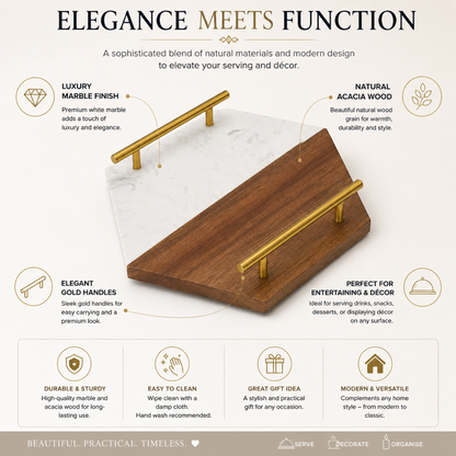 Marble & Acacia Wood Serving Tray with Gold Handles – Luxury Decorative Serving Board