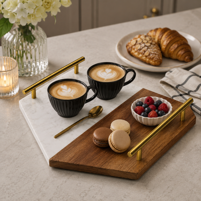 Marble & Acacia Wood Serving Tray with Gold Handles – Luxury Decorative Serving Board