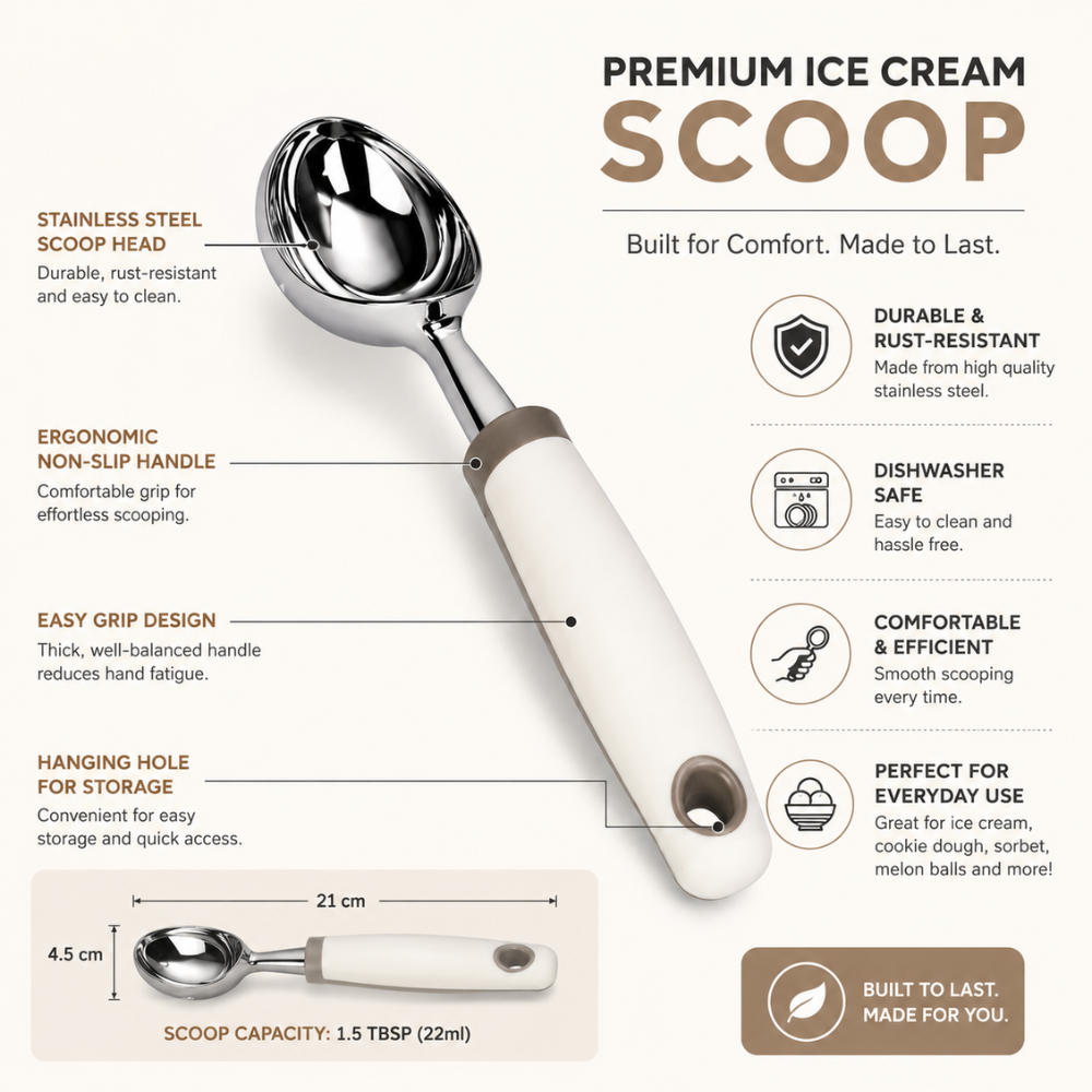 Stainless Steel Ice Cream Scoop – Ergonomic Dessert & Cookie Scoop