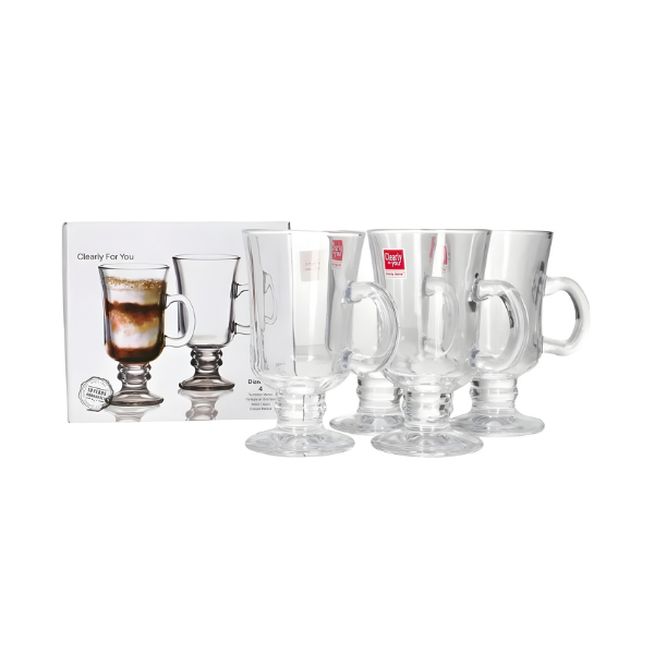 Set of 4 Irish Coffee Glass Mugs - Clear Heat-Resistant Pedestal Cups