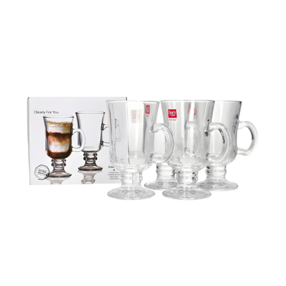 Set of 4 Irish Coffee Glass Mugs - Clear Heat-Resistant Pedestal Cups