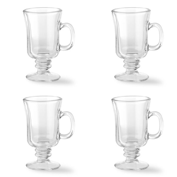 Set of 4 Irish Coffee Glass Mugs - Clear Heat-Resistant Pedestal Cups