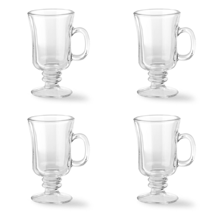 Set of 4 Irish Coffee Glass Mugs - Clear Heat-Resistant Pedestal Cups