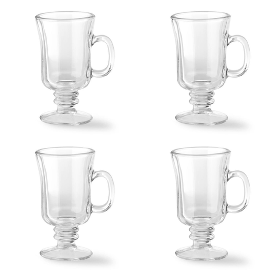 Set of 4 Irish Coffee Glass Mugs - Clear Heat-Resistant Pedestal Cups
