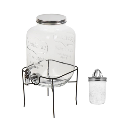 Glass Drink Dispenser with Metal Stand & Citrus Juicer – Premium Beverage Server with Tap for Drinks