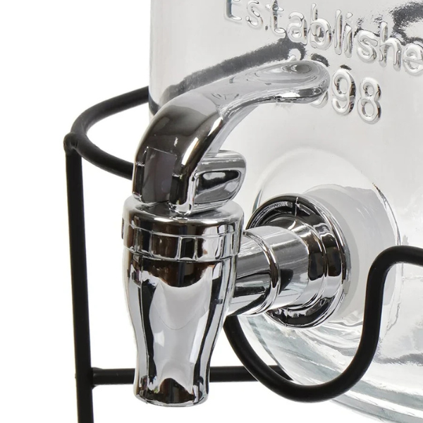 Glass Drink Dispenser with Metal Stand & Citrus Juicer – Premium Beverage Server with Tap for Drinks