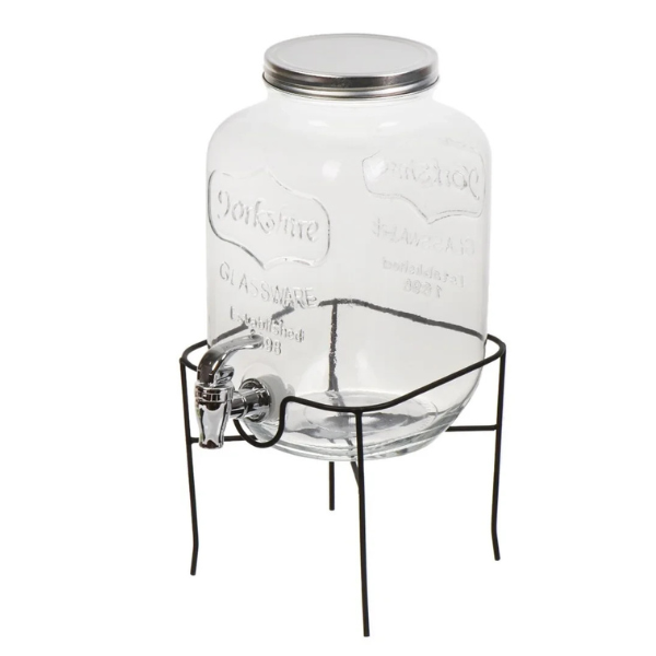 Glass Drink Dispenser with Metal Stand & Citrus Juicer – Premium Beverage Server with Tap for Drinks
