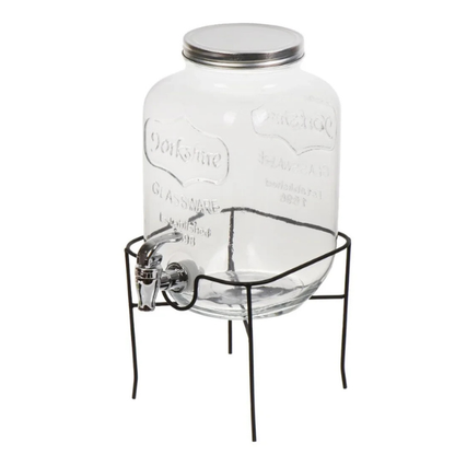 Glass Drink Dispenser with Metal Stand & Citrus Juicer – Premium Beverage Server with Tap for Drinks