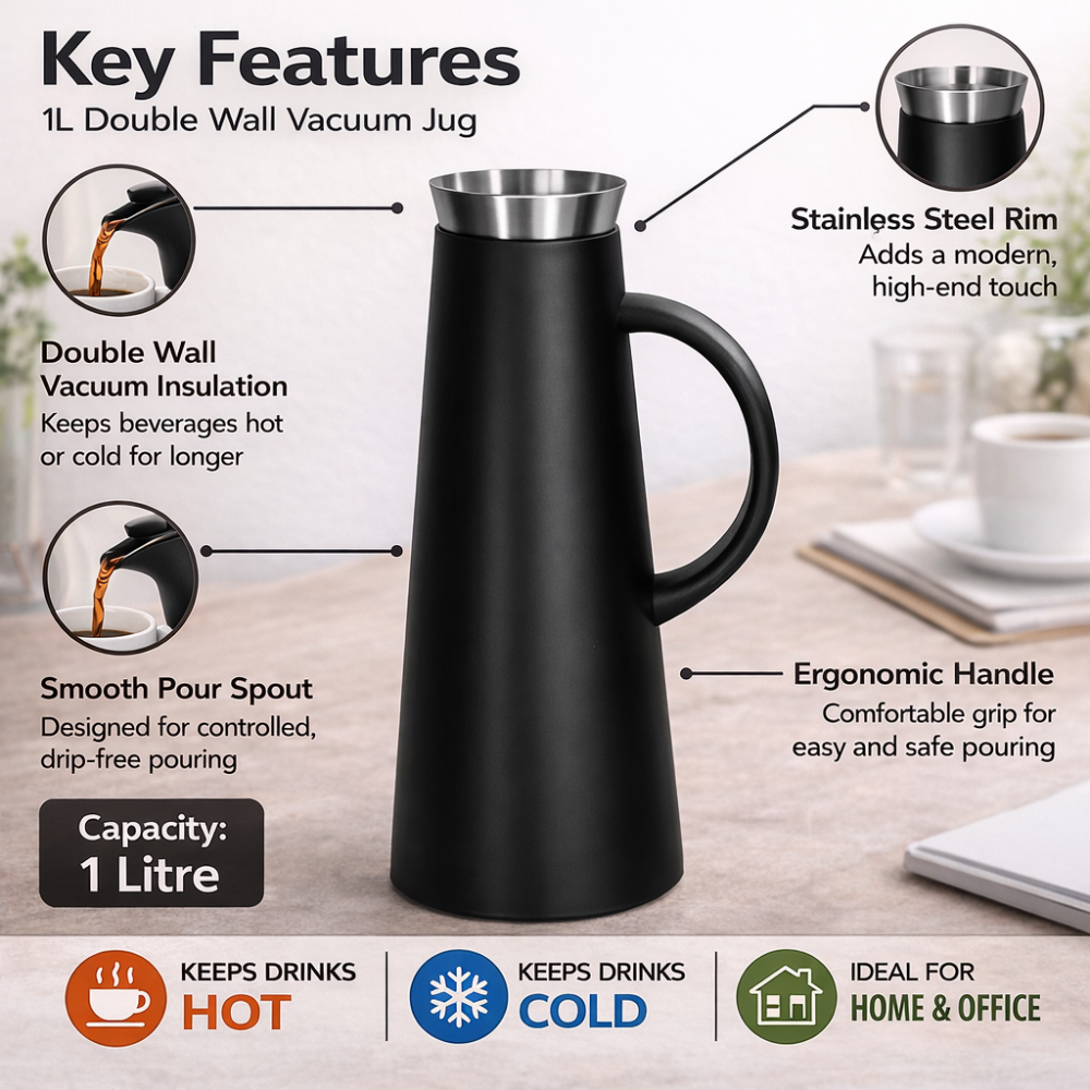 1L Matte Black Double Wall Vacuum Jug with Stainless Steel Rim - Insulated Flask