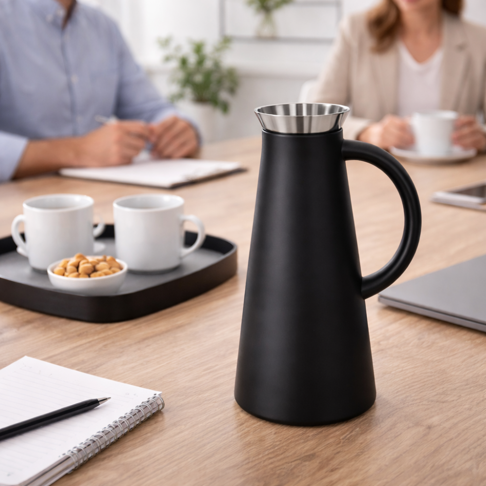 1L Matte Black Double Wall Vacuum Jug with Stainless Steel Rim - Insulated Flask