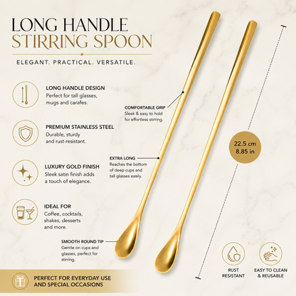 Luxury Gold Long Handle Tea Spoon Set – Elegant Stainless Steel Mixing & Dessert Spoons