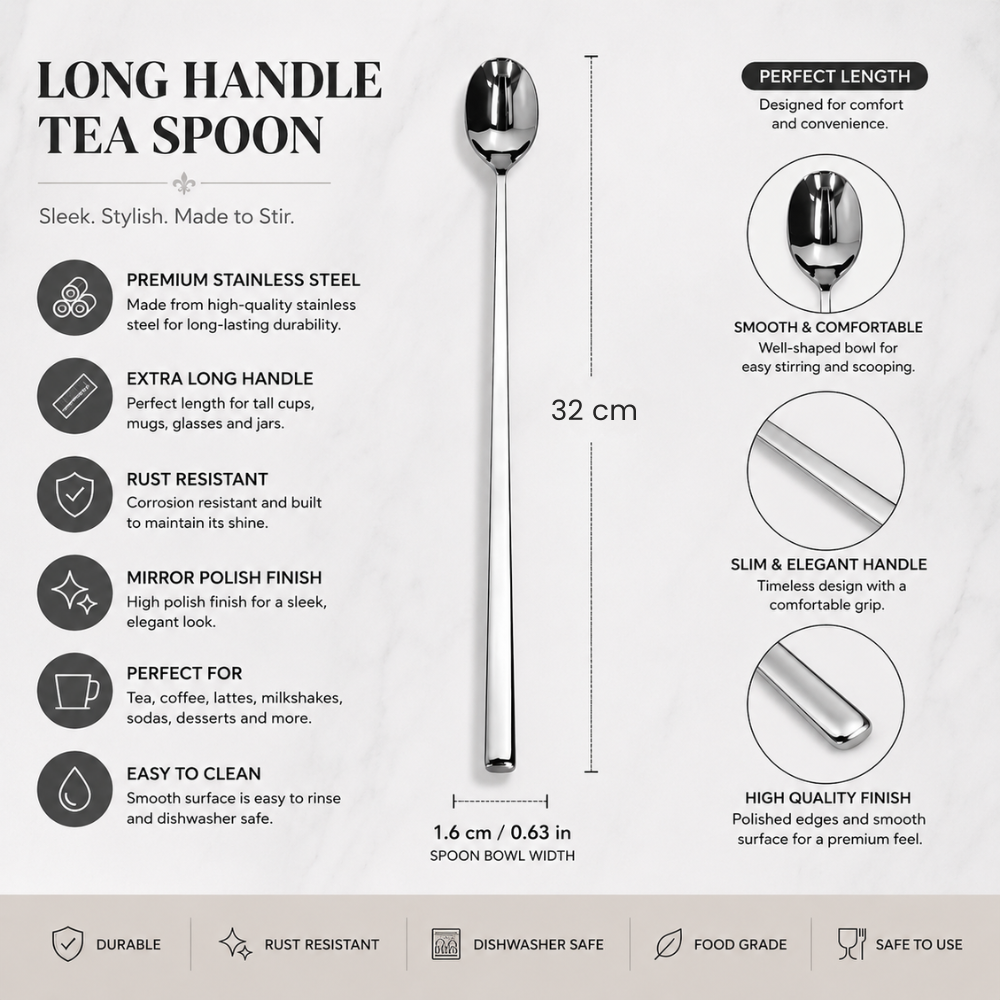 Stainless Steel Long Handle Tea Spoon – 31.6 cm Elegant Mixing & Dessert Spoon