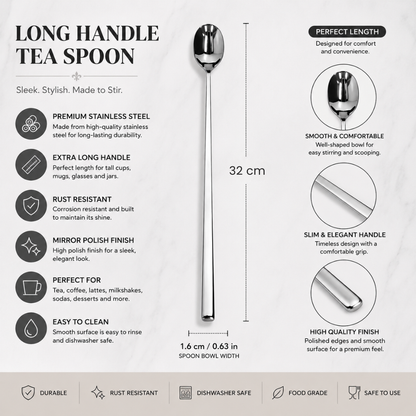 Stainless Steel Long Handle Tea Spoon – 31.6 cm Elegant Mixing & Dessert Spoon
