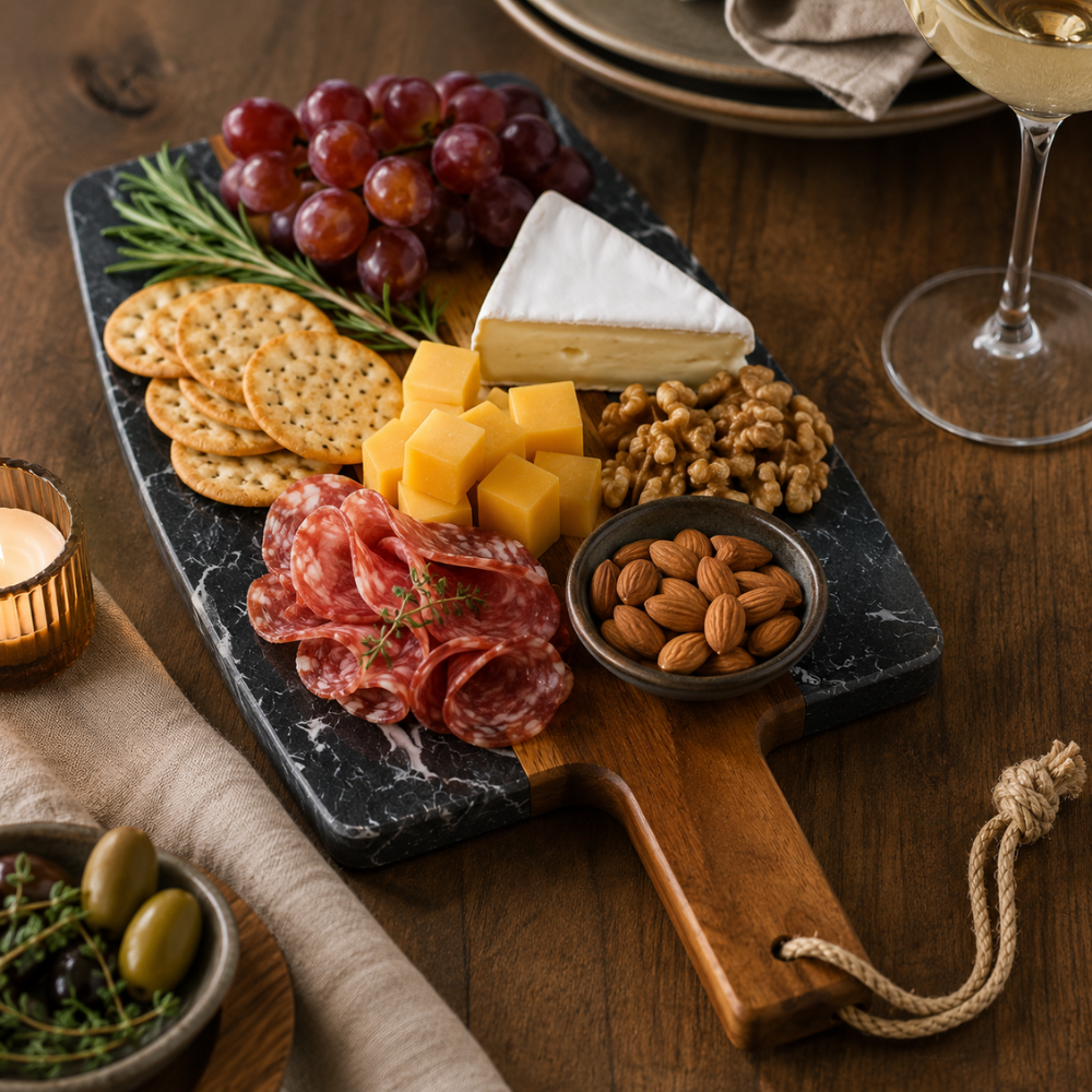 Marble & Acacia Wood Serving Board – 38 cm Premium Cheese & Snack Platter Board