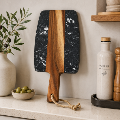 Marble & Acacia Wood Serving Board – 38 cm Premium Cheese & Snack Platter Board