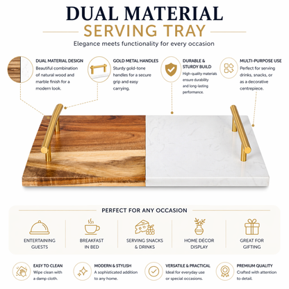 Marble & Acacia Wood Serving Tray with Gold Handles - 30 cm Premium Serving Board