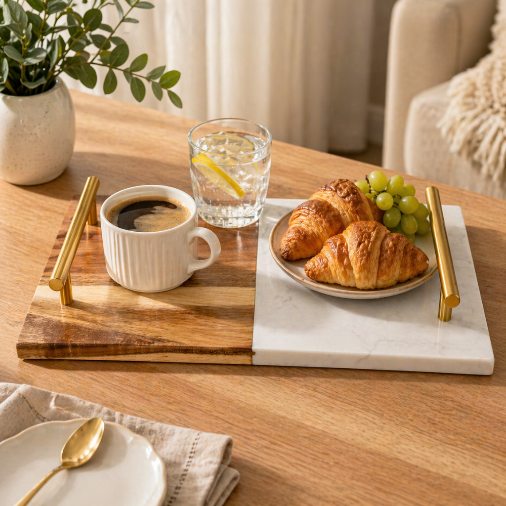 Marble & Acacia Wood Serving Tray with Gold Handles - 30 cm Premium Serving Board