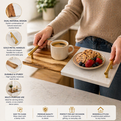 Marble & Acacia Wood Serving Tray with Gold Handles - 30 cm Premium Serving Board