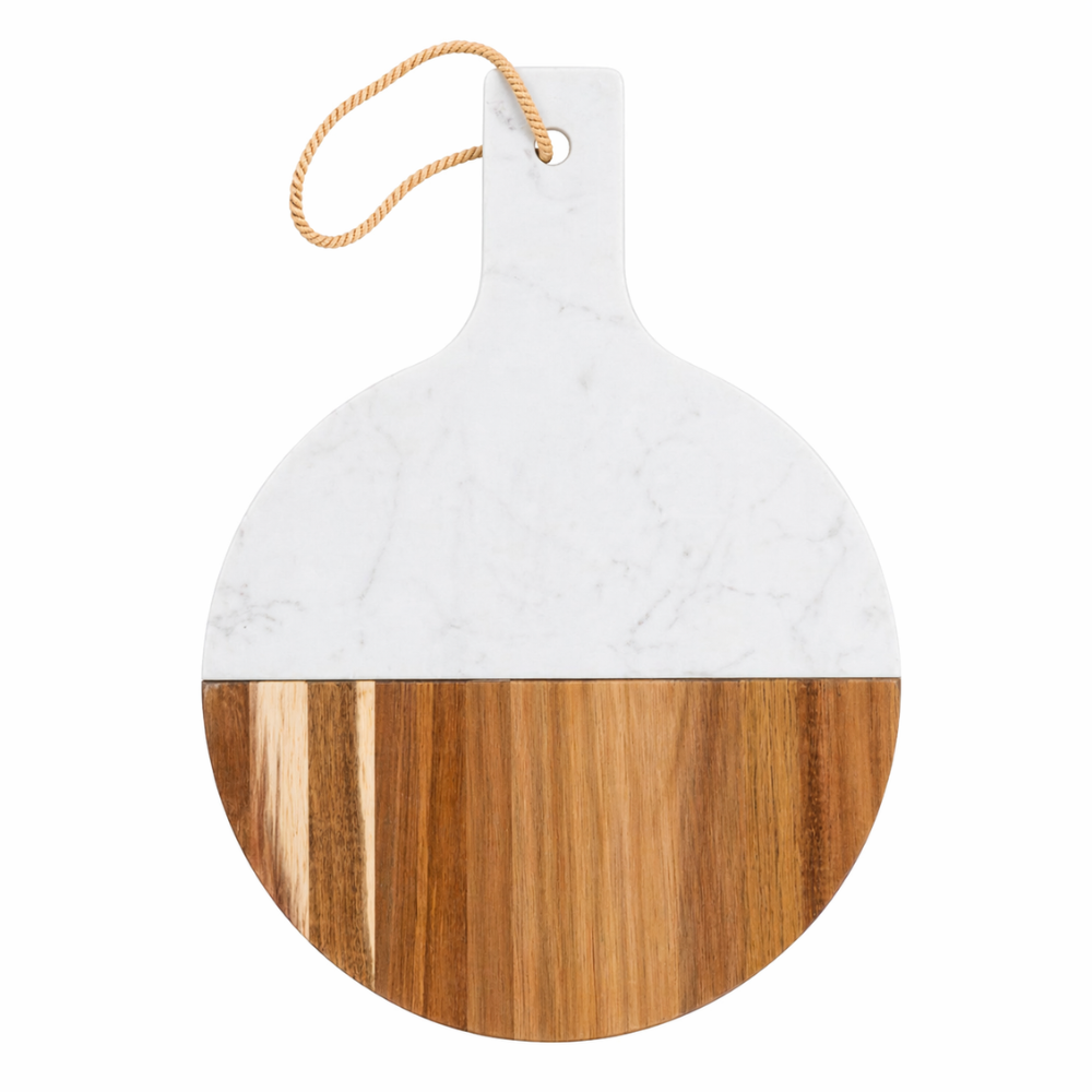Marble and Acacia Wood Serving Board with Handle - 35cm