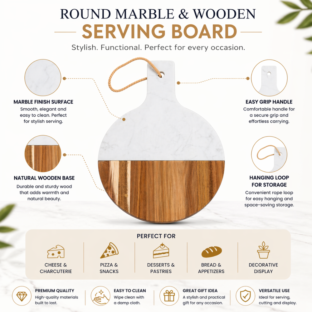 Marble and Acacia Wood Serving Board with Handle - 35cm