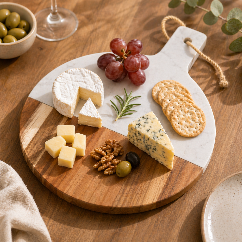 Marble and Acacia Wood Serving Board with Handle - 35cm