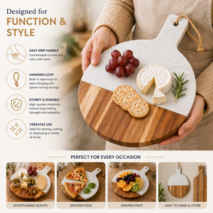 Marble and Acacia Wood Serving Board with Handle - 35cm
