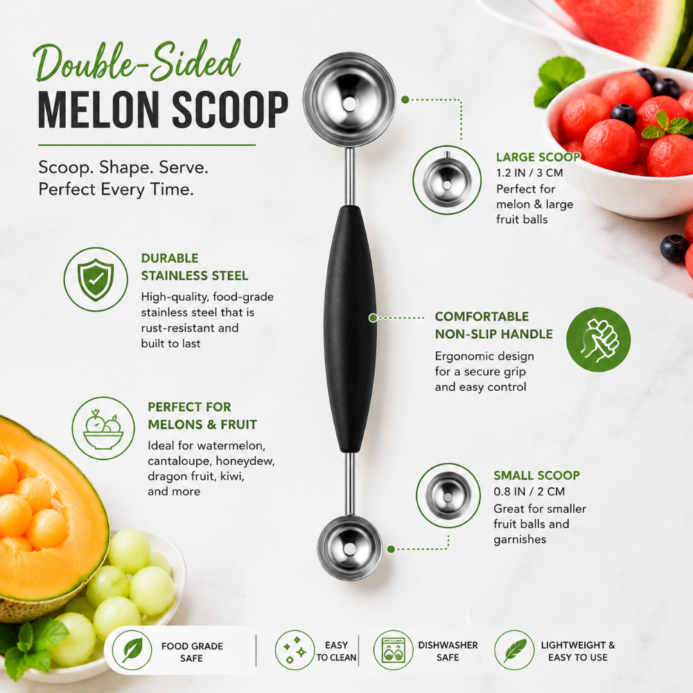 Stainless Steel Double-Ended Melon Baller Scoop – Fruit Carving & Garnishing Tool