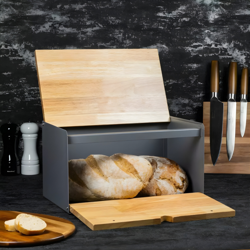 Modern Wooden Bread Bin with Steel Frame - Large Capacity Storage Box