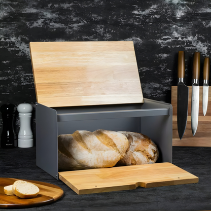 Modern Wooden Bread Bin with Steel Frame - Large Capacity Storage Box