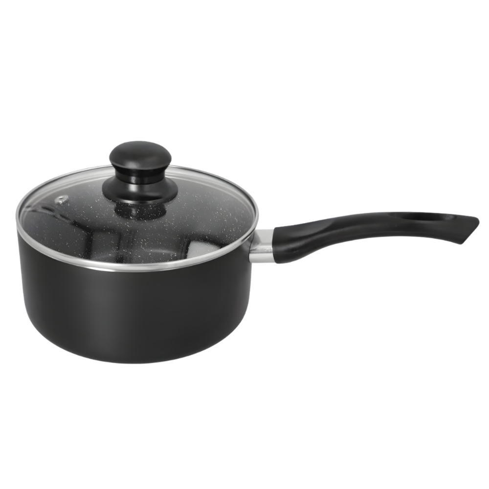 Black Non-Stick Saucepan with Glass Lid - Easy Cooking & Pour Control