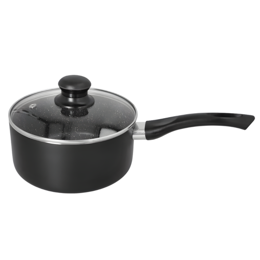 Black Non-Stick Saucepan with Glass Lid - Easy Cooking & Pour Control