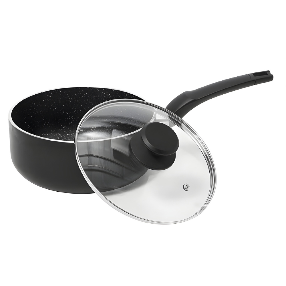 Black Non-Stick Saucepan with Glass Lid - Easy Cooking & Pour Control
