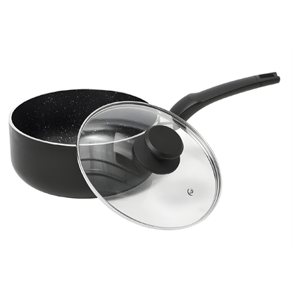 Black Non-Stick Saucepan with Glass Lid - Easy Cooking & Pour Control