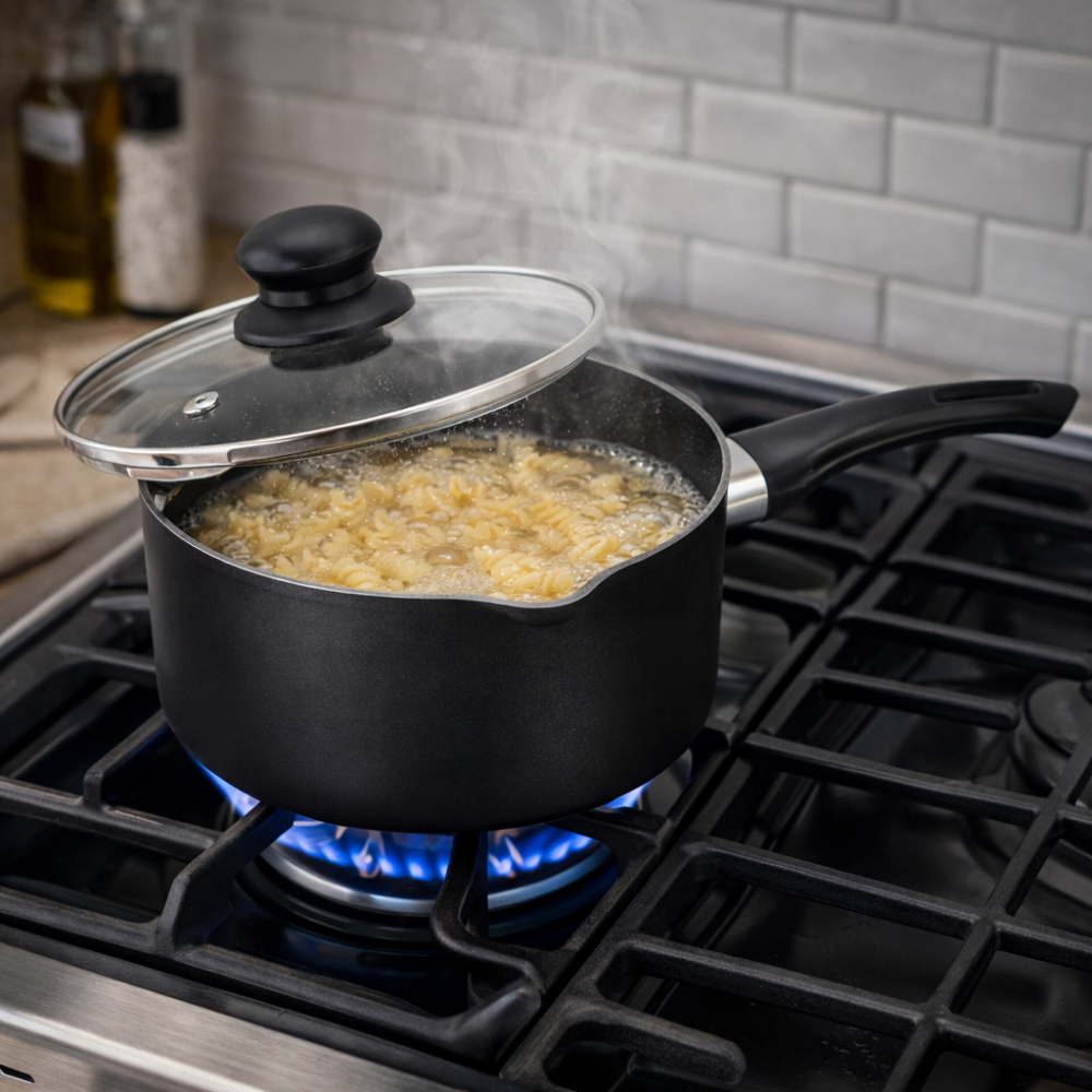 Black Non-Stick Saucepan with Glass Lid - Easy Cooking & Pour Control
